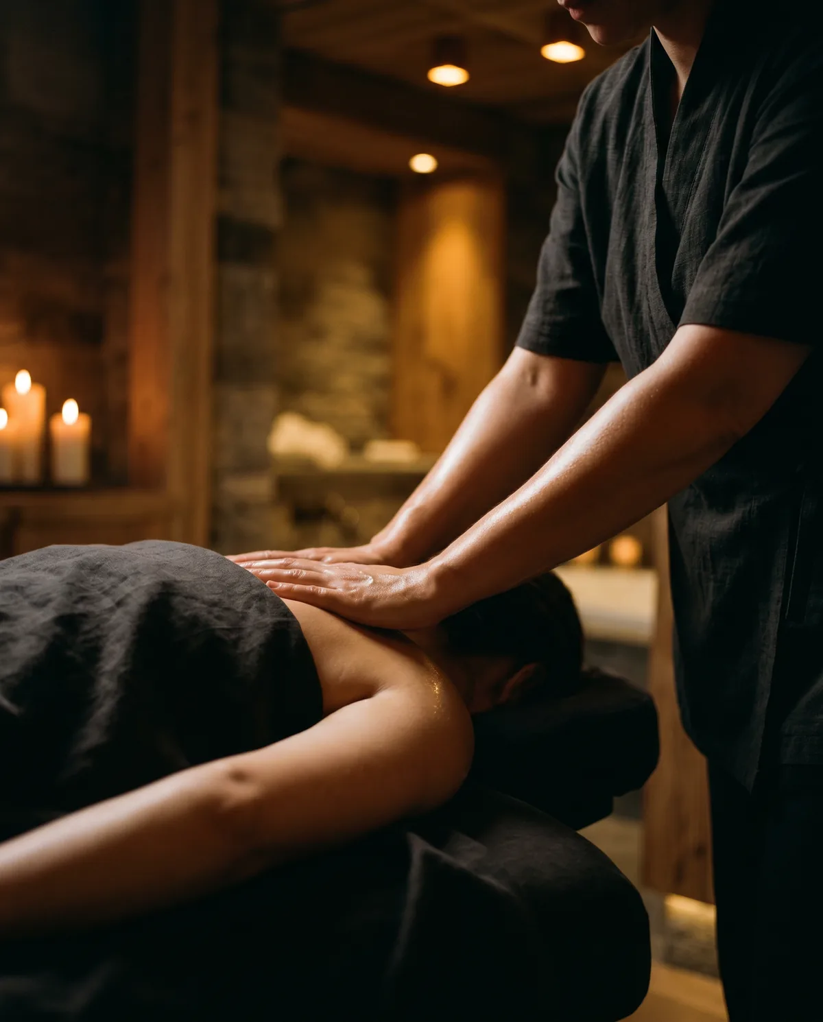 A therapist's hands pressing slow, deliberate strokes into a client's shoulder in warm candlelight.